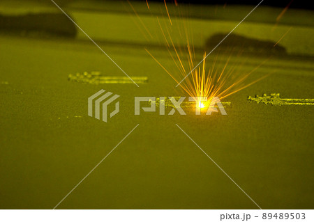 3D printer printing three-dimensional object from metal powder. Selective laser melting. Laser sintering machine for metal. Additive manufacturing metal 3D printer creating 3D model. Metalworking 89489503