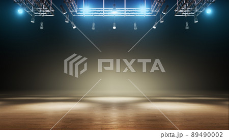 Beautiful empty background. Parquet flooring. Stage with blue spotlights. Studio light. For product demonstration or mockup. Isolated. 3d 89490002