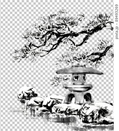 水墨画技法で描いた庭園の灯篭と松 水墨画技法で描いた庭園の灯篭と松 89493269