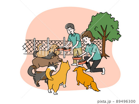 犬の保護活動をする人々　ボランティア、慈善活動への積極的な参加　温かみのある手書きの人物 89496300