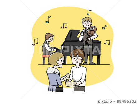支援コンサートをで寄付を集める人々　ボランティア、慈善活動への積極的な参加　温かみのある手書きの人物 89496302