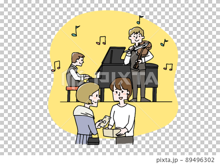 支援コンサートをで寄付を集める人々　ボランティア、慈善活動への積極的な参加　温かみのある手書きの人物 89496302