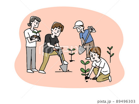 木の苗を植えている人々 ボランティア 慈善活動への積極的な参加 温かみのある手書きの人物のイラスト素材
