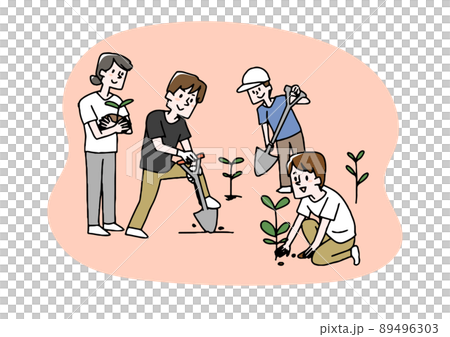 木の苗を植えている人々　ボランティア、慈善活動への積極的な参加　温かみのある手書きの人物 89496303