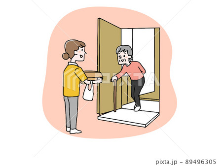 お年寄りの代わりに買い物をする女性　ボランティア、慈善活動への積極的な参加　温かみのある手書きの人物 89496305