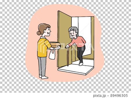 お年寄りの代わりに買い物をする女性　ボランティア、慈善活動への積極的な参加　温かみのある手書きの人物 89496305