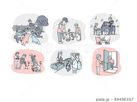 ボランティア、慈善活動への積極的な参加をする人々のセット　温かみのある手書きの人物 89496307