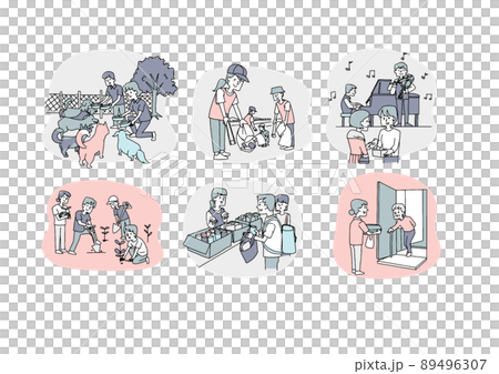 ボランティア、慈善活動への積極的な参加をする人々のセット　温かみのある手書きの人物 89496307