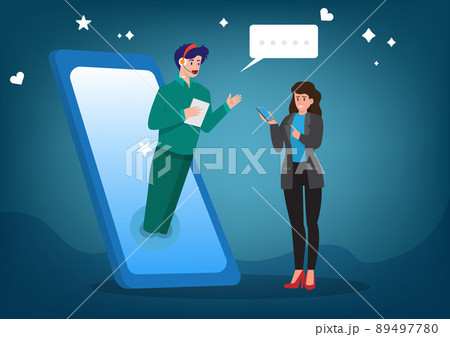 A male worker wearing a headset is talking and solving problems with a customer from a call center. 89497780