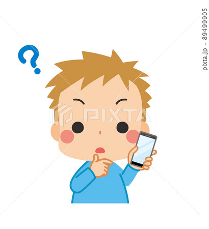 スマホを持って考えている可愛い男の子のイラスト 白背景 クリップアート 上半身 ベクターのイラスト素材