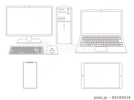 デスクトップパソコンとノートパソコンとスマートフォンとタブレット 線画セットのイラスト素材 [89499938] - PIXTA