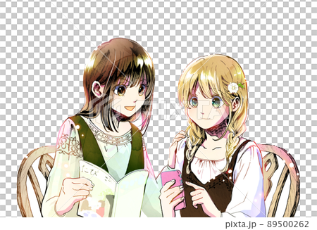 女子旅を計画中の友だち二人のカラーイラスト二人とも笑顔・背景なし・無季版版 89500262