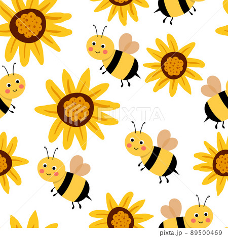 Seamless pattern with bees on floral background. Small wasp. Vector illustration. Adorable cartoon character. Design for invitation, cards, textile, fabric. Doodle style 89500469