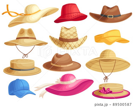 Summer hats. Stylish headgears for male and female, cowboy hat and accessories cartoon vector set 89500587