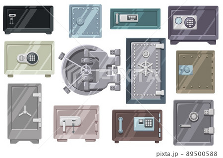 Metal safes. Lock box, safety vault door and secure storage with key locked and code locks vector set 89500588