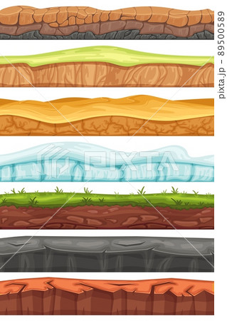 Seamless grounds. Cartoon land layers, grass field and foreground soils for game background vector set 89500589