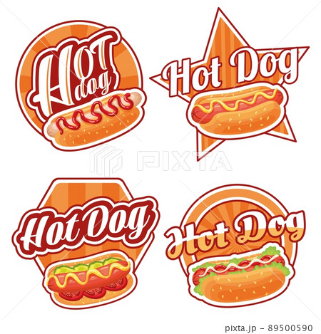 Hotdog label. Street food sign with hot dog in sesame seeds bun, fast lunch sticker vector set 89500590