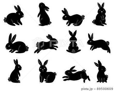 Black rabbit silhouette. Sitting bunny, cute jumping rabbits and contour animals vector set 89500609