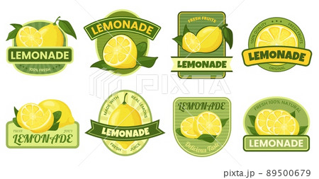 Lemonade label. Fresh and natural lemonades tag with yellow lemon fruit, citrus juice stickers vector set Lemonade label. Fresh and natural lemonades tag with yellow lemon fruit, citrus juice stickers vector set 89500679