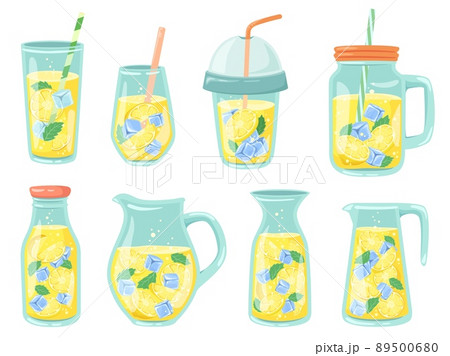 Cold lemonade. Fresh drinks, homemade lemonade in bottle, jug and glass with lemon slices and ice cubes vector illustration set Cold lemonade. Fresh drinks, homemade lemonade in bottle, jug and glass with lemon slices and ice cubes vector illustration set 89500680