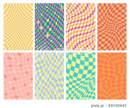 Groovy grid. Wavy psychedelic background, 70s swirl texture and trippy grids vector set. 89500685