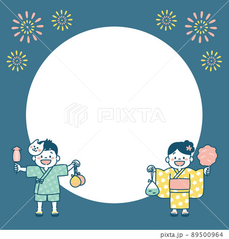 夏祭りを楽しむ子どものイラスト 花火 背景素材のイラスト素材