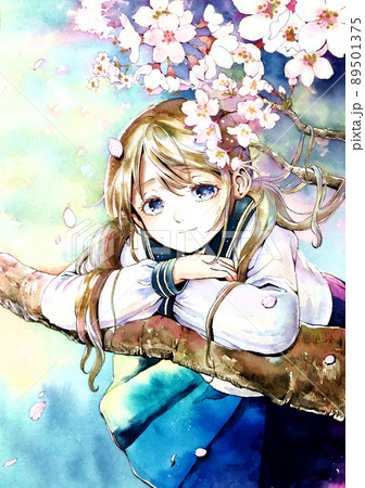 桜とセーラー服の女の子微笑み顔版 89501375