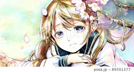 桜とセーラー服の女の子顔アップ微笑み顔版のイラスト素材