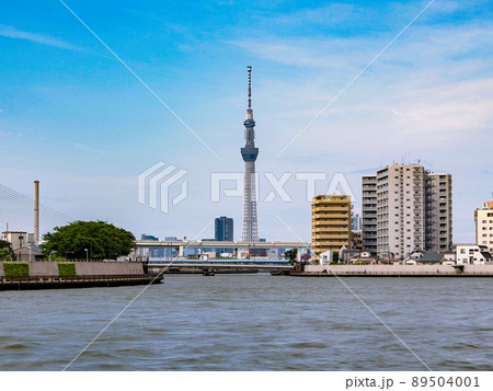新緑の時期の中川からのスカイツリーとハープ橋 新緑の時期の中川からのスカイツリーとハープ橋 89504001