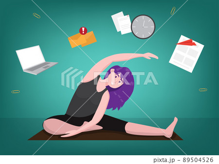 girl sitting in yoga pose and meditating She allocates exercise time from her routine. Vector Illustration girl sitting in yoga pose and meditating She allocates exercise time from her routine. Vector Illustration 89504526