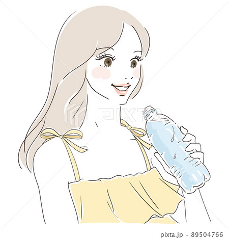 ペットボトルの水を飲むロングヘアの可愛い女性 89504766