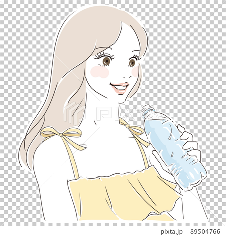 ペットボトルの水を飲むロングヘアの可愛い女性 89504766