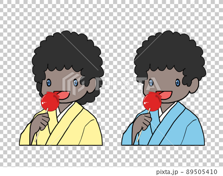 りんご飴を食べる浴衣姿の黒人男女のイラスト 上半身 のイラスト素材