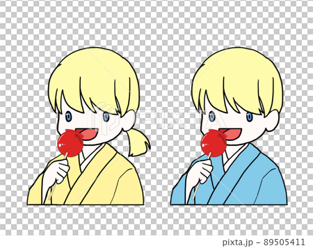 りんご飴を食べる浴衣姿の白人男女のイラスト 上半身 のイラスト素材