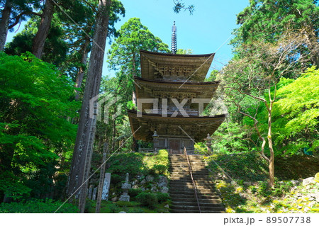 【日本遺産】県内唯一の国宝建造物がある寺・明通寺　国宝の三重塔と初夏の青空2　福井県小浜市 89507738