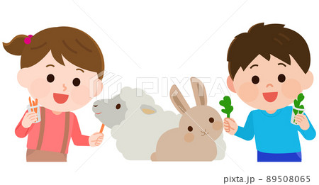 ふれあい動物園 動物とふれあう男の子と女の子 上半身 イラストの