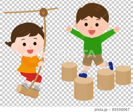アスレチックで楽しく遊ぶ男の子と女の子　イラスト 89508067