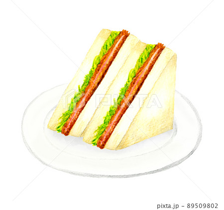 皿に乗ったハムカツとキャベツのサンドイッチ2枚セット　料理・カフェメニューの手描き水彩イラスト素材 89509802