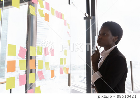 Thoughtful serious African American businesswoman thinking over project 89510421