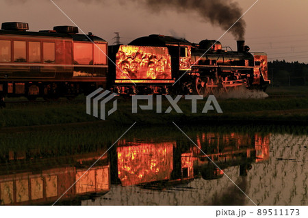 夕陽を浴びて走る磐越西線SL 89511173