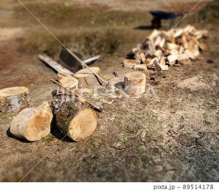 野原で薪割り 89514178