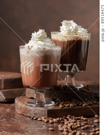 Coffee and chocolate drinks with whipped cream. Coffee and chocolate drinks with whipped cream. 89516475