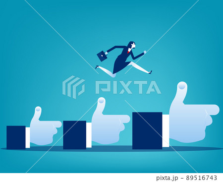 Businesswoman winner jumping up growing thumbs up sign. Career growth development Businesswoman winner jumping up growing thumbs up sign. Career growth development 89516743