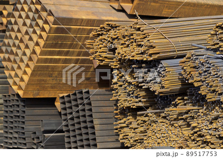 Metal profiles of different kinds are located in the metal products warehouse Metal profiles of different kinds are located in the metal products warehouse 89517753