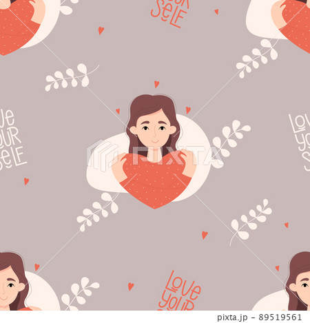 Seamless pattern with cute girl hair hugging herself light purple background with hearts and leaves. Vector illustration. Love yourself and find time for yourself and care for decor, wallpaper. 89519561