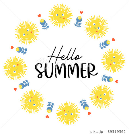 Hello summer. Round Postcard-frame with cute sun and blue-yellow flowers. Vector illustration for decor, design, print and napkins, signage, decoration and postcards. 89519562