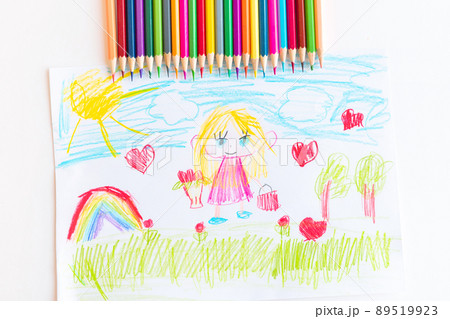 A child draws a postcard for mother's day. Beautiful landscape with mom drawn with pencils. 89519923
