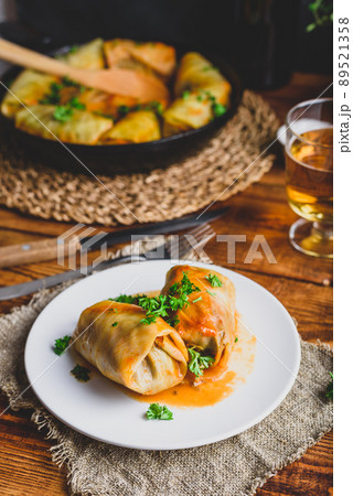 Stuffed Cabbage Rolls on White Plate 89521358