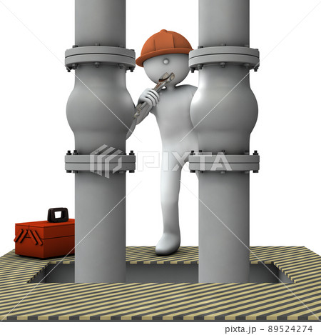 大きな開口部から縦に伸びる二本のパイプ。ヘルメットをかぶった修理工。修理と復旧。 大きな開口部から縦に伸びる二本のパイプ。ヘルメットをかぶった修理工。修理と復旧。 89524274