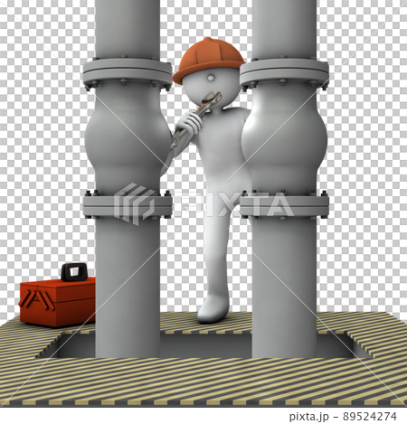 大きな開口部から縦に伸びる二本のパイプ。ヘルメットをかぶった修理工。修理と復旧。 大きな開口部から縦に伸びる二本のパイプ。ヘルメットをかぶった修理工。修理と復旧。 89524274